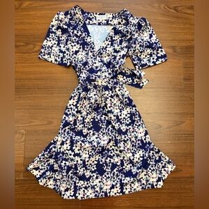 Wolf & Whistle London Floral Wrap Dress in Navy with White & Pink Flowers Size 8